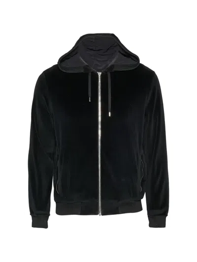 Pre-owned Versace Medusa Velvet-effect Zip-up Cotton Hoodie In Black