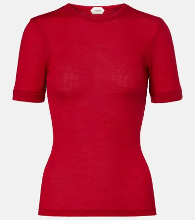 Versace Embroidered Wool Ribbed Knit T-shirt In Burgundy