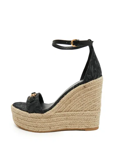 Pre-owned Versace Medusa Wedge Sandals In Black