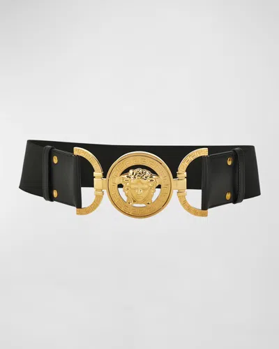 Versace Medusa Wide Elastic & Leather Belt In 1b00v Black  Gold
