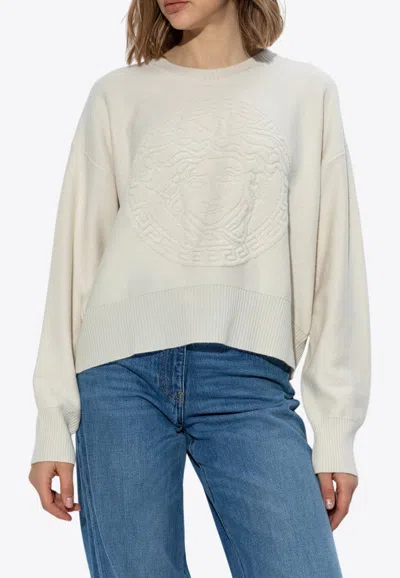 Versace Medusa Wool-blend Knit Towel Sweater In Blanc