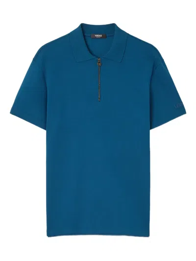 Versace Medusa Zip-up Polo Shirt In Blue