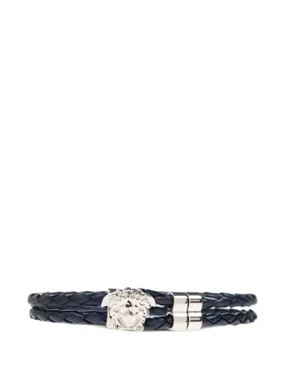 Pre-owned Versace Medusa-charm Braided Bracelet In Black