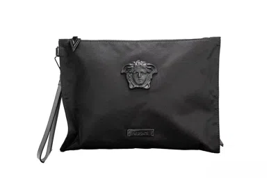 Versace Medusa-embossed Nylon Clutch In Black