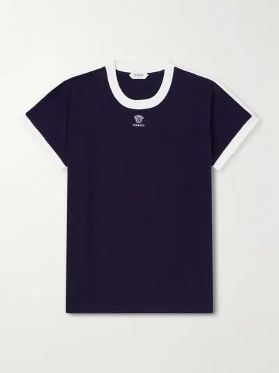 Versace Embroidered-logo Stretch Cotton-jersey Slim T-shirt In Blue