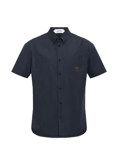 Versace Medusa-embroidered Patch-pocket Shirt In Blue