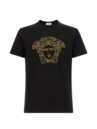 Versace Slim Fit Cotton T-shirt With Medusa Graphic Print In Black