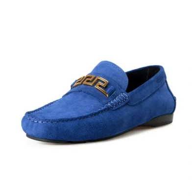 Pre-owned Versace Men's 100% Suede Leather Blue Driver Moccasin Slip On Loafers Shoes