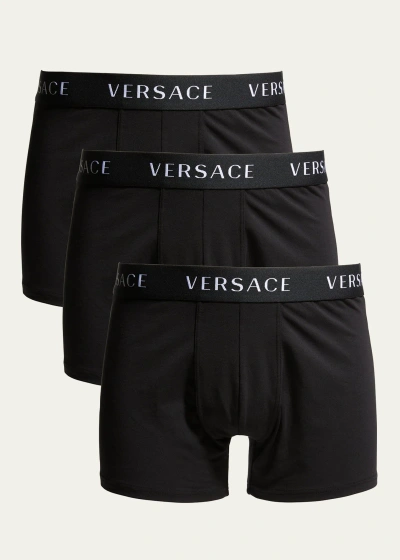 Versace Men's 3-pack Solid Logo Boxer Briefs In A3197 Blackblackb