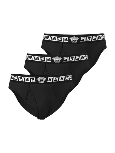Versace Men's 3-pack Medusa Greca Stretch-cotton Briefs In Black