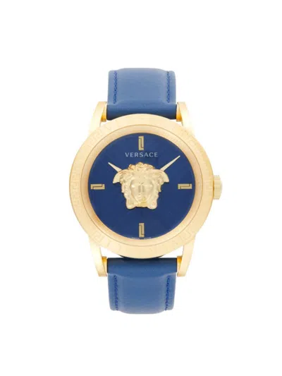 Versace Men's 43mm Ion Plated Goldtone Stainless Steel & Leather Strap Watch In Sapphire