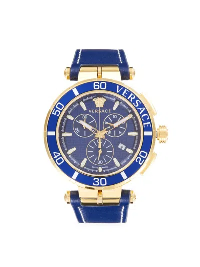 Versace Men's 45mm Greca Chrono Stainless Steel & Leather Watch In Blue