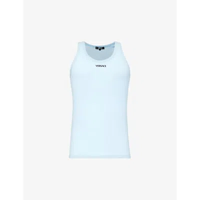 Versace Mens 95 Pastel Blue Brand-embroidered Stretch-cotton Vest Top