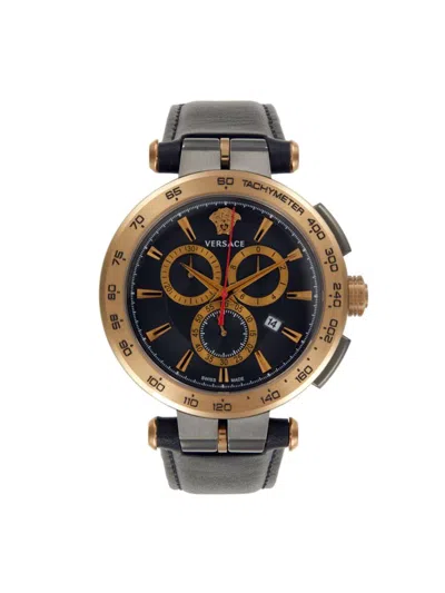Versace Men's Aion Chrono 45mm Stainless Steel Case & Leather Strap Chronograph Watch In Black