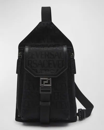 Versace Men's Allover Logo One-shoulder Sling Crossbody Bag In Black