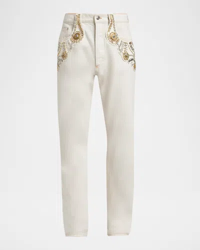 Versace Men & Apos;s Crystal-embroidered Straight-leg Denim Jeans In White
