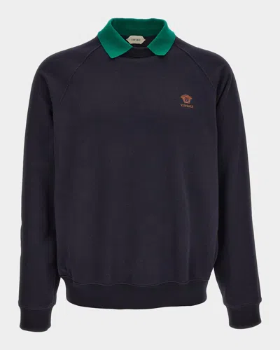 Versace Men & Apos;s Embroidered Cotton-jersey Polo Sweatshirt In Blue