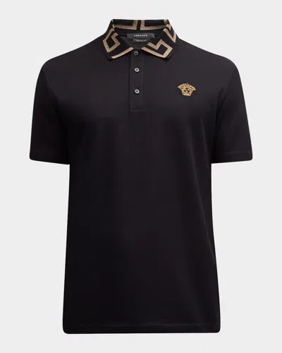 Versace Geometric Patterned Black Polo Shirt With Classic Placket