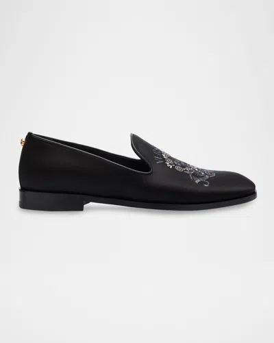 Versace Men & Apos;s Medusa Embroidered Leather Slippers In Black