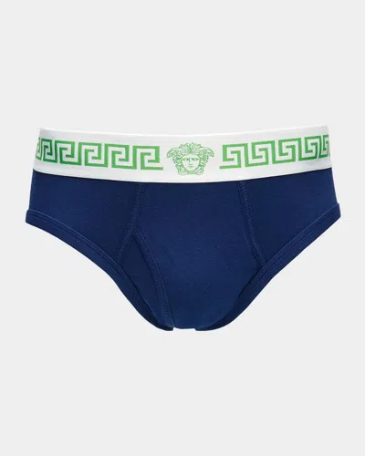 Versace Men & Apos;s Medusa La Greca Cotton-rib Briefs In Blue