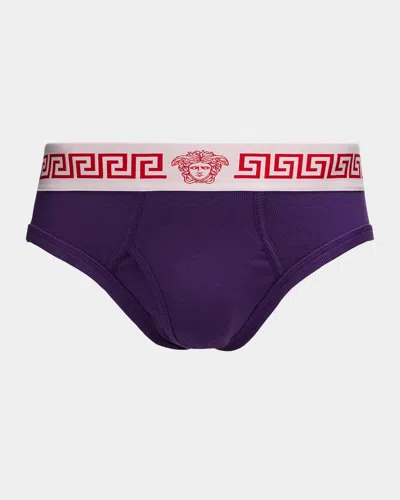 Versace Men & Apos;s Medusa La Greca Cotton-rib Briefs In Purple