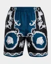 Versace Baroque-printed Silk-nylon Shorts With Elastic Waistband In Blue