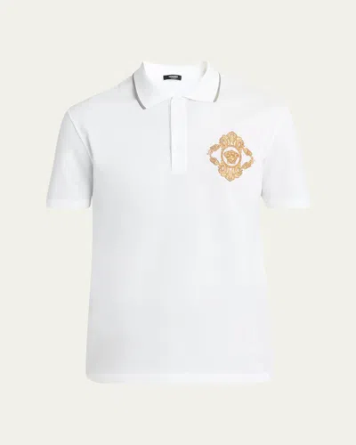 Versace Men's Barocco Crest Pique Polo Shirt In White