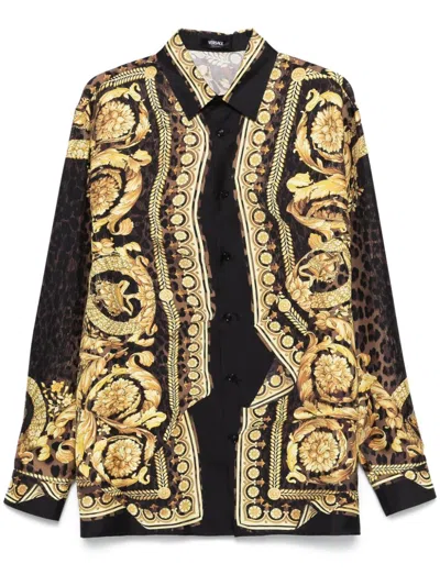 Versace Men Barocco Print Silk Shirt In Black