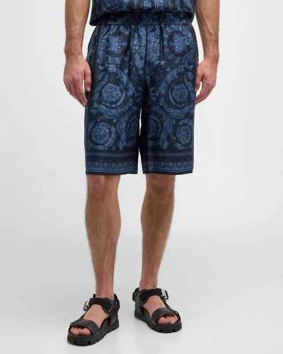 Versace Men's Barocco Silk Twill Shorts In Navy Blue