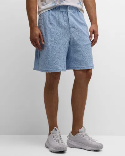 Versace Men's Barocco Towel Stitch Shorts In Blue Hydrangea