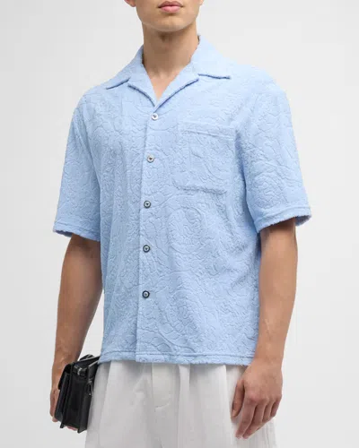 Versace Men's Barocco Toweling Camp Shirt In Blue Hydrangea