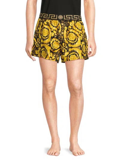 Versace Baroque Print Silk Loungewear Shorts In Gold Black