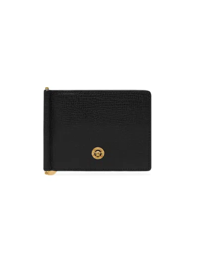 Versace Men's Bifold Leather Money Clip In Black  Gold