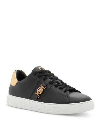 Versace Men's Biggie La Greca Leather Sneakers In Black