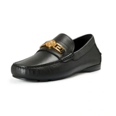 Pre-owned Versace Men's Black 100% Leather Gold Medusa Car Shoes Loafers Shoes Us 12 It 45
