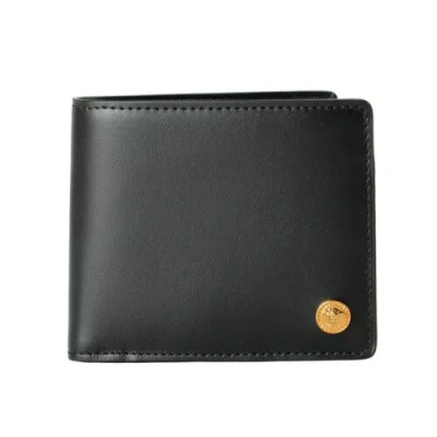 Pre-owned Versace Men's Black & Barocco 100% Leather Gold Medusa Bifold Wallet