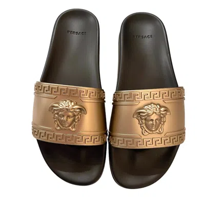 Pre-owned Versace Men's Black Gold Medusa Sandals Pool Slides Dsu5883, Multiple Sizes