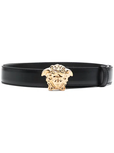 Versace Men's Black Leather Belt With Gold-tone Medusa Head Motif