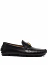 VERSACE MEN'S BLACK LEATHER LOAFERS WITH ICONIC MEDUSA HEAD MOTIF AND SLIP-ON STYLE