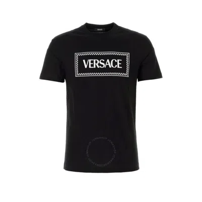 Versace Black Crewneck T-shirt With Contrasting Logo Lettering Print In Cotton