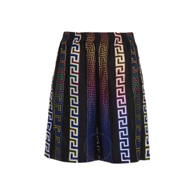 Versace Men's Black / Multicolor Greca Neon Print Silk Shorts In Black/multicolor