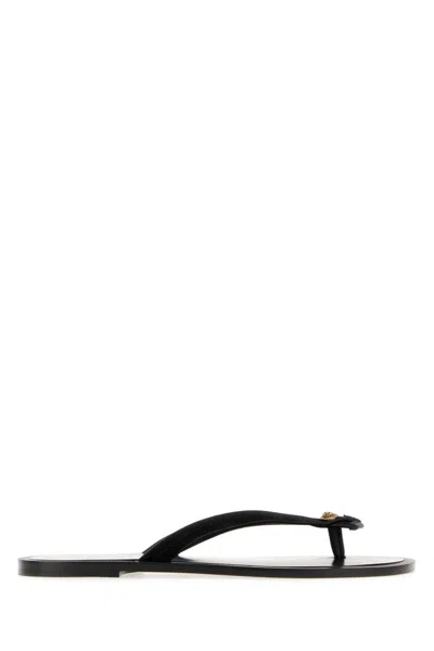 Versace Suede Thong Slippers Flat Sole Design In Black