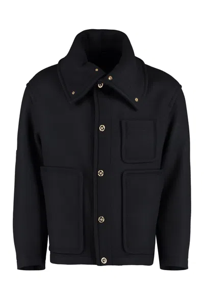 VERSACE LUXURIOUS WOOL BLEND JACKET WITH LOGO DETAIL BUTTONS AND ELBOW PATCHES