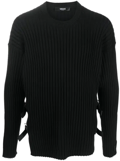 Versace Men's Black Wool Sweater With Buckle Detailing