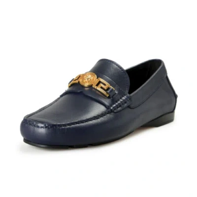Pre-owned Versace Men's Blue 100% Leather Gold Medusa Car Shoes Loafers Shoes Us 10 It 43