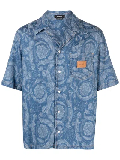 Versace Men's Blue Floral Print Cotton Shirt In Denim