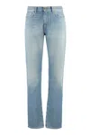 VERSACE MEN'S BLUE STRAIGHT-LEG JEANS WITH CONTRAST STITCHING AND CUSTOMIZED LOGO RIVETS
