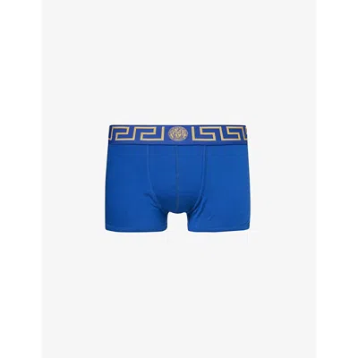 Versace Mens Bluette Gold Brand-pattern Low-rise Stretch-cotton Trunks In Blue/gold