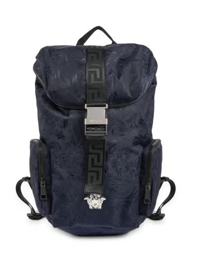 Versace Men's Brocade Leather-trim Logo Backpack In Navy