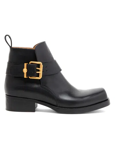 Versace Men's Buckle Leather Boots In Metallic
